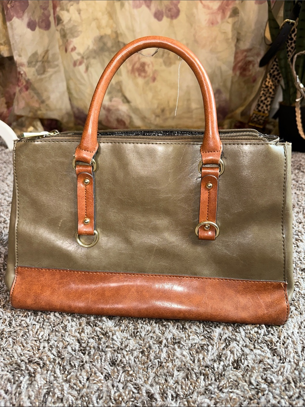 Two-Tone Olive and Tan Structured Satchel